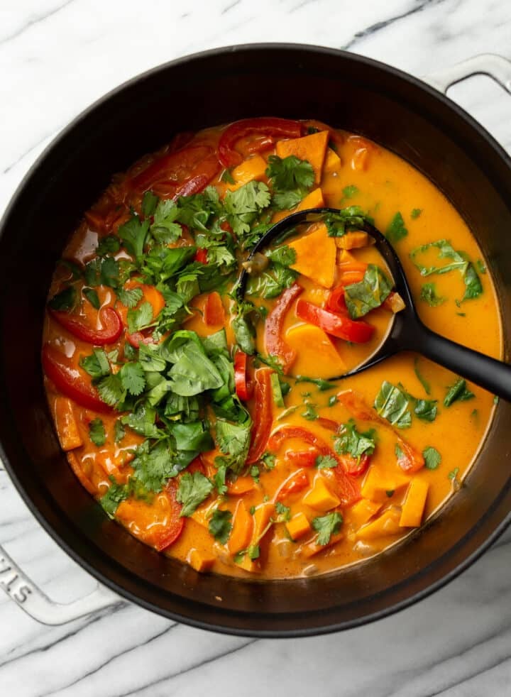 a soup pot with thai coconut sweet potato curry and a ladle