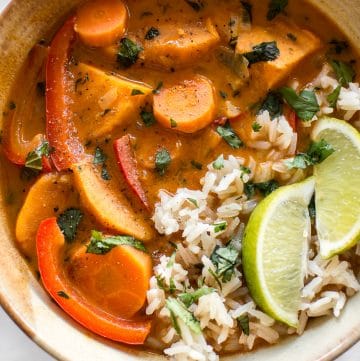 This Thai vegan coconut curry is a full of delicious vegetables like sweet potatoes, carrots, and red peppers. This simple red curry is one of the best recipes out there!