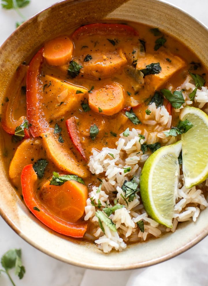 This Thai vegan coconut curry is a full of delicious vegetables like sweet potatoes, carrots, and red peppers. This simple red curry is one of the best recipes out there!