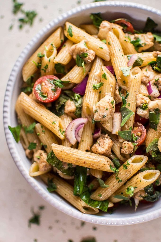 close-up of easy Caprese pasta salad in a bowl