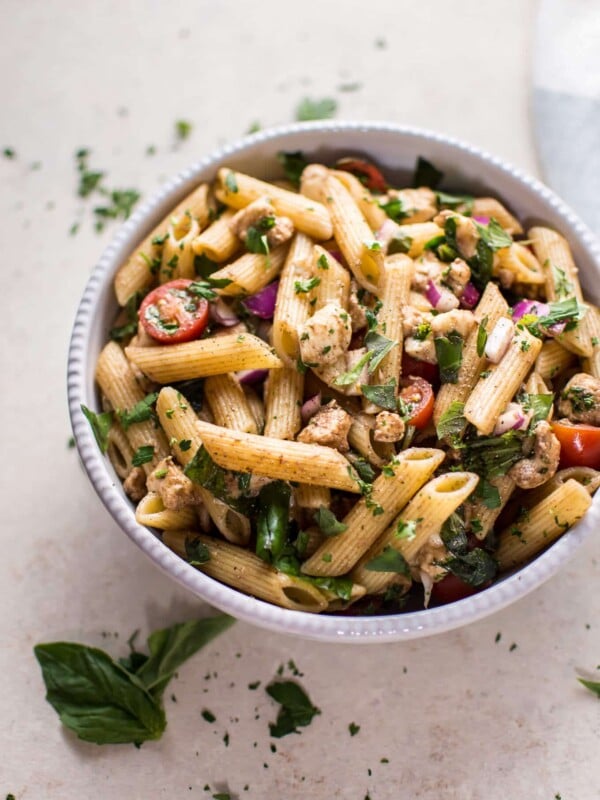 This balsamic caprese pasta salad is a fresh, quick, and simple vegetarian side dish that's perfect for picnics or BBQs.