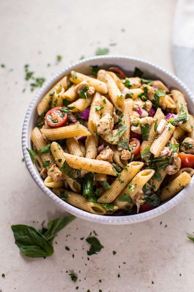 simple Caprese vegetarian pasta salad in a bowl