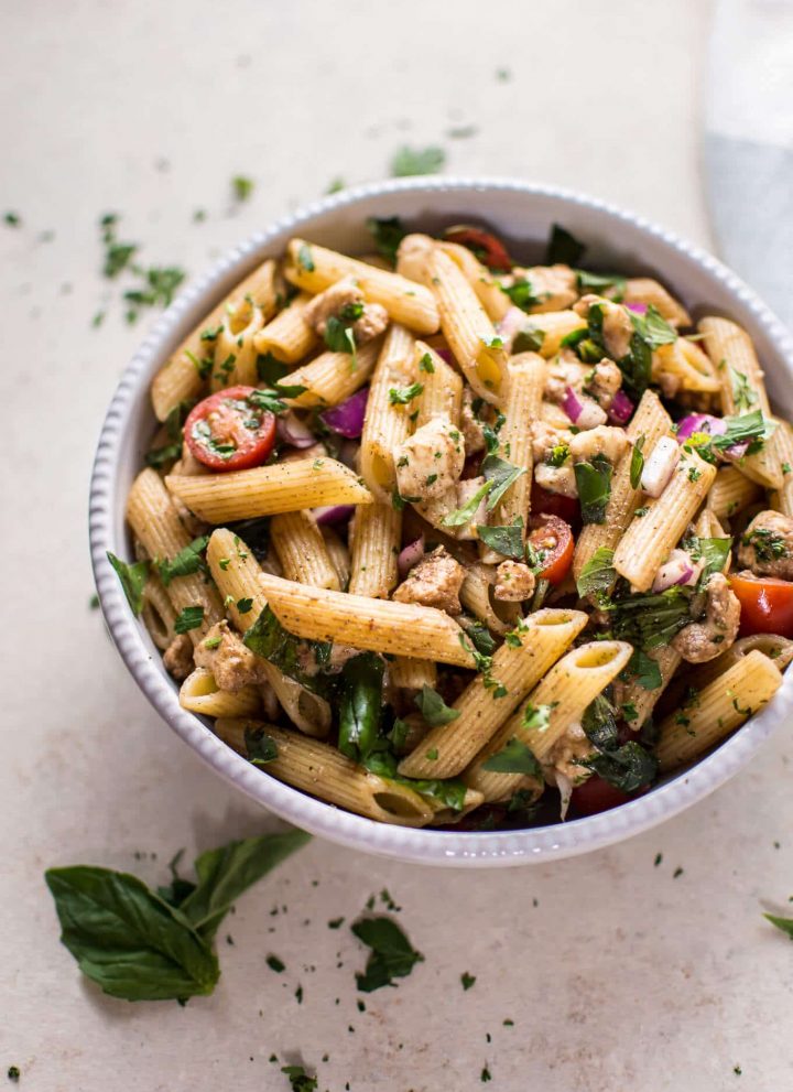 This balsamic caprese pasta salad is a fresh, quick, and simple vegetarian side dish that's perfect for picnics or BBQs.