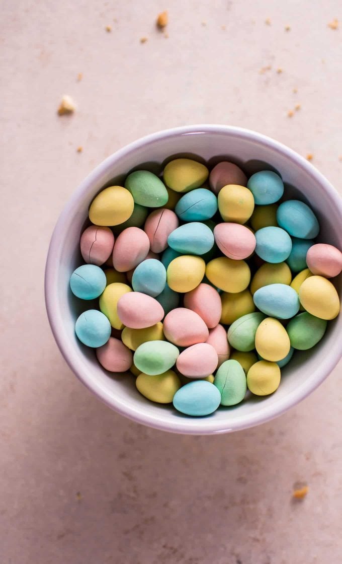 a bowl of Cadbury mini eggs