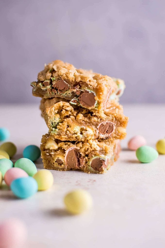 three Easter Mini Egg cookie bars in a stack