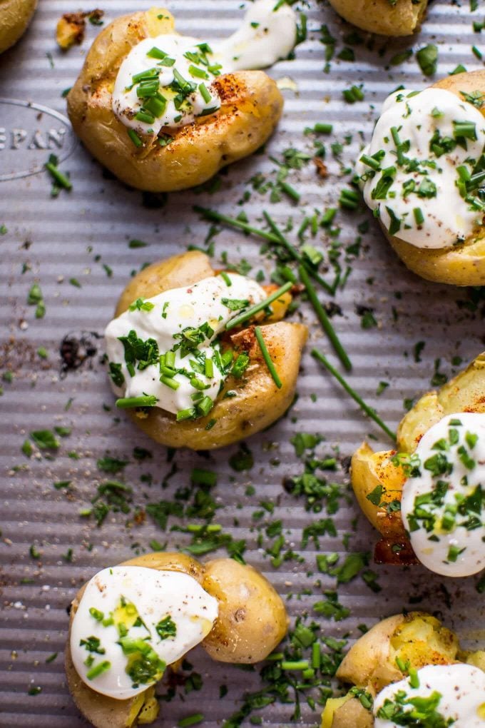 close-up of smashed potatoes with garlic, lemon, and Greek yogurt