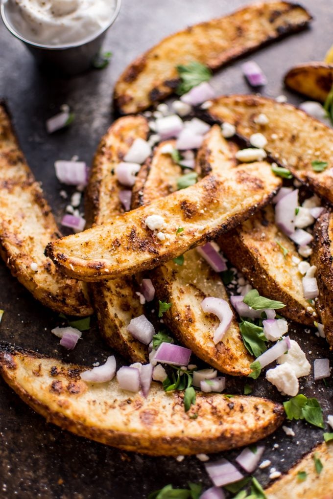 close-up of Greek potato wedges