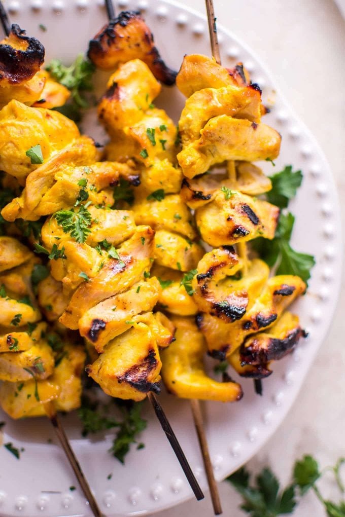 close-up of honey mustard grilled chicken kabobs