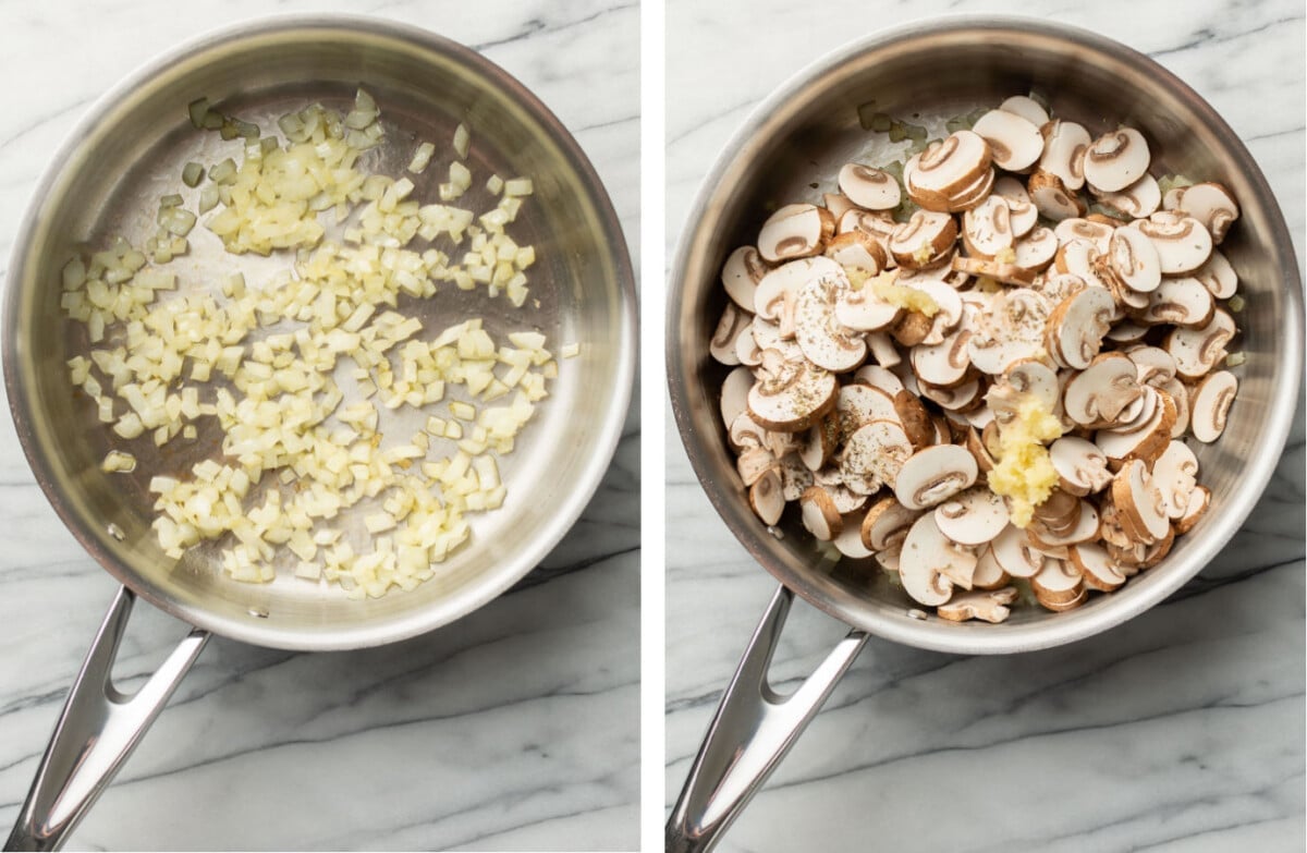 sauteing onions and mushrooms in a skillet for one pan gnocchi