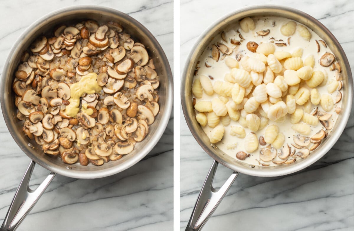 adding in cream and seasoning and gnocchi to a skillet with mushrooms