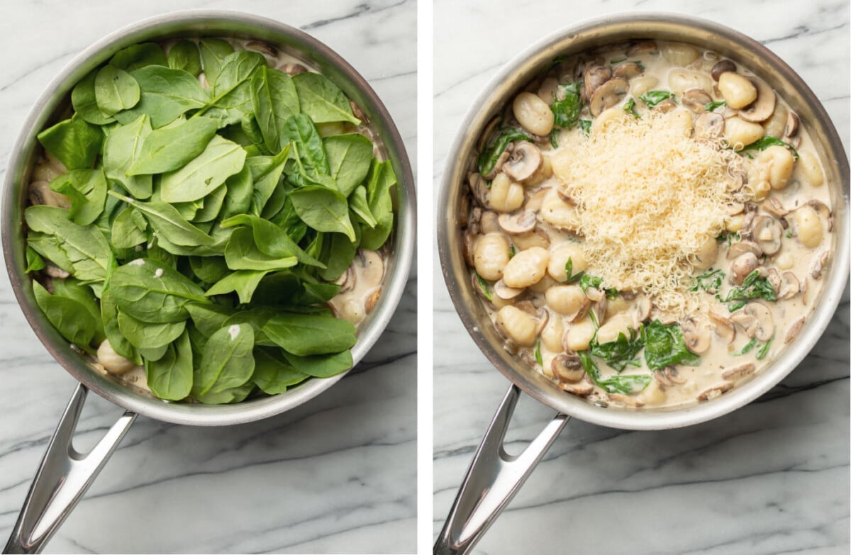 adding spinach and parmesan to a skillet with creamy mushroom gnocchi