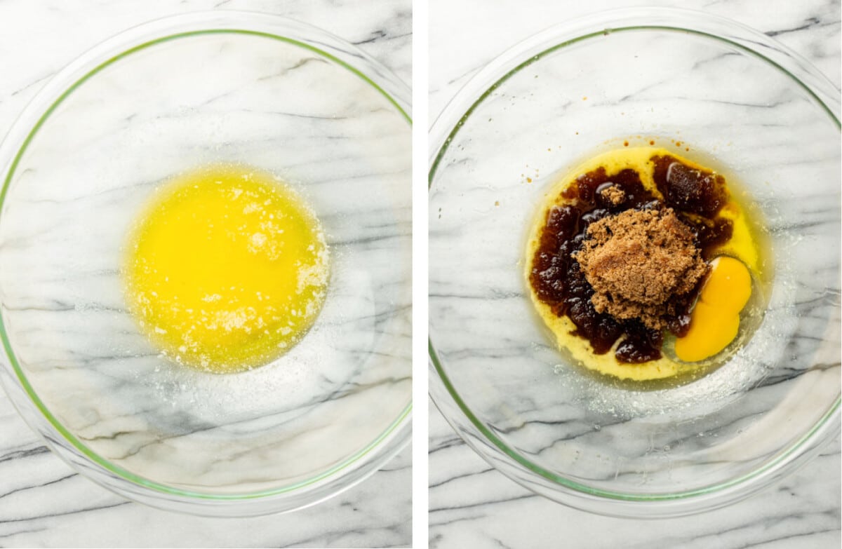 adding sugar to a prep bowl with melted butter