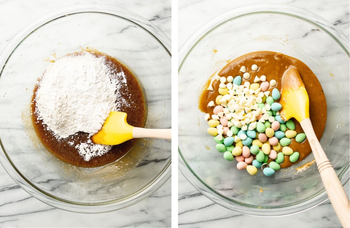 stirring in flour, chocolate chips, and mini eggs to a prep bowl with a spatula