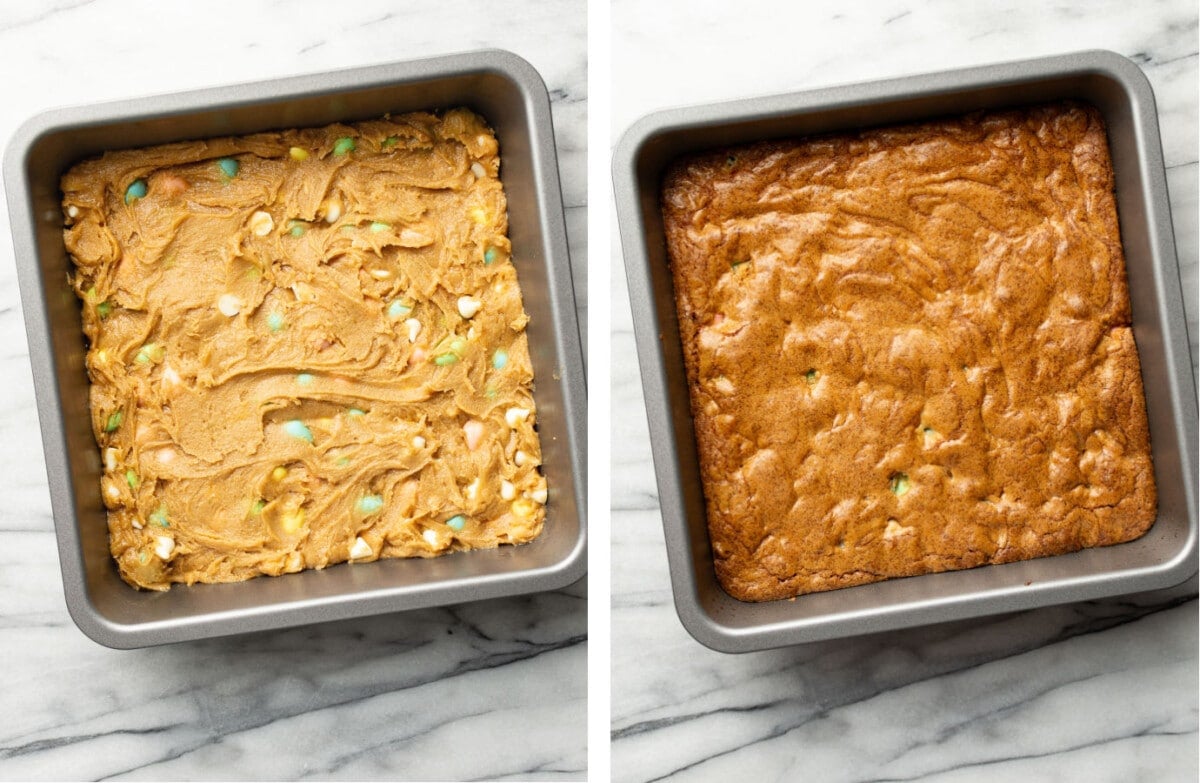 a baking pan with mini egg cookie bars before and after baking