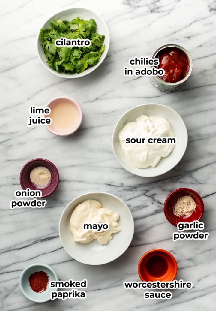 ingredients for chipotle ranch dressing in prep bowls