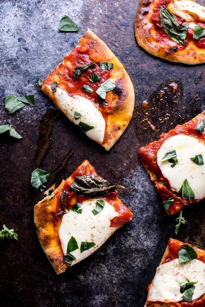 a few slices of naan Margherita tomato, basil, and mozzarella pizza