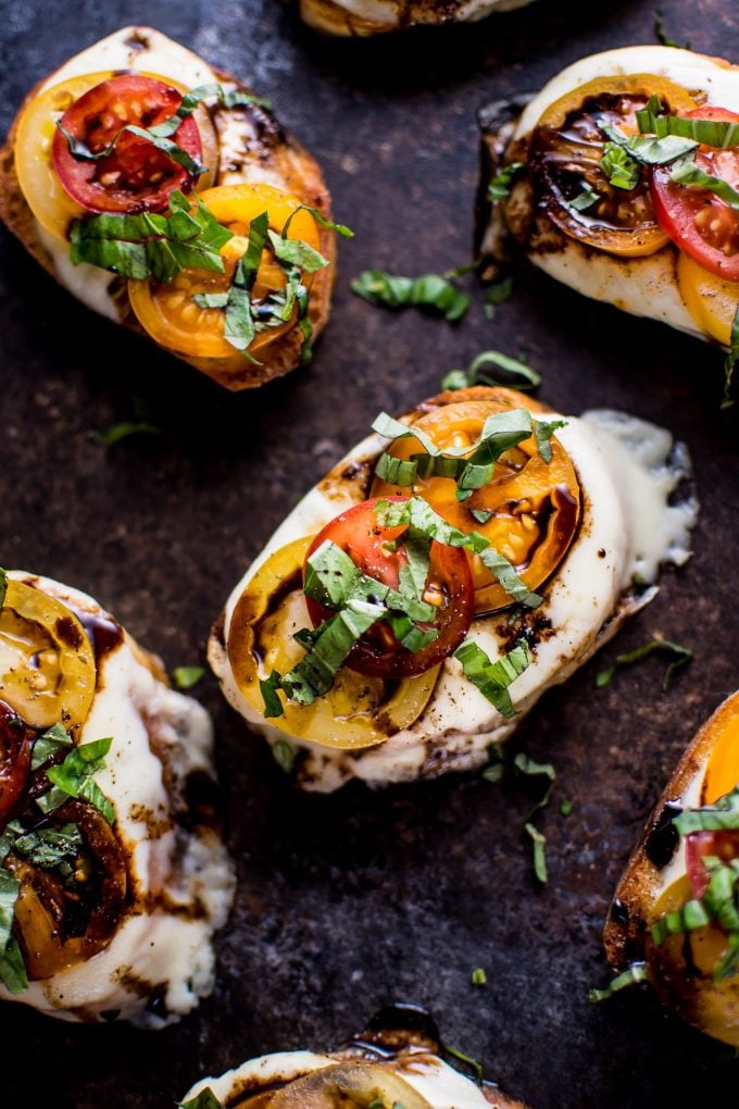 close-up of garlic Caprese crostini melts