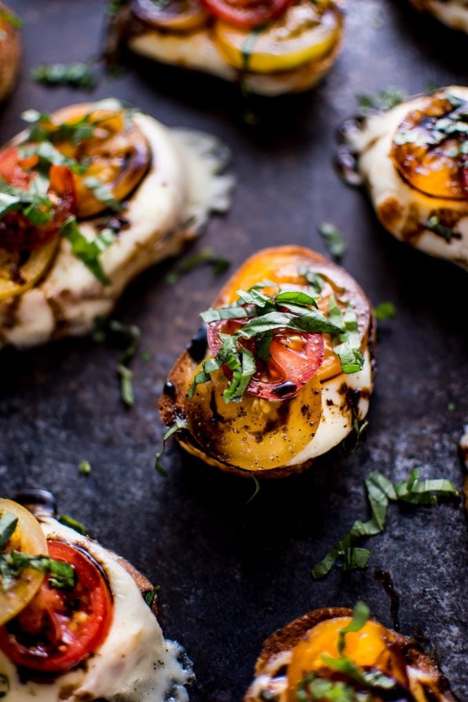 mozzarella, tomato, and basil balsamic crostini melts