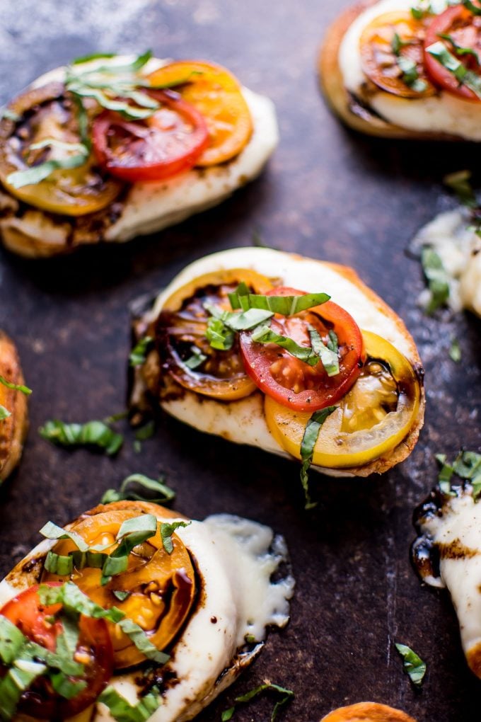 close-up of balsamic Caprese crostini appetizer