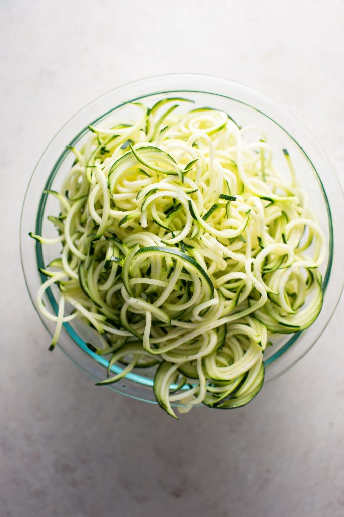 glass bowl with zucchini noodles