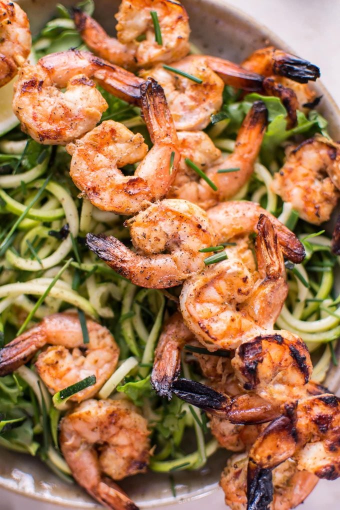 close-up of grilled chili lime shrimp zoodles