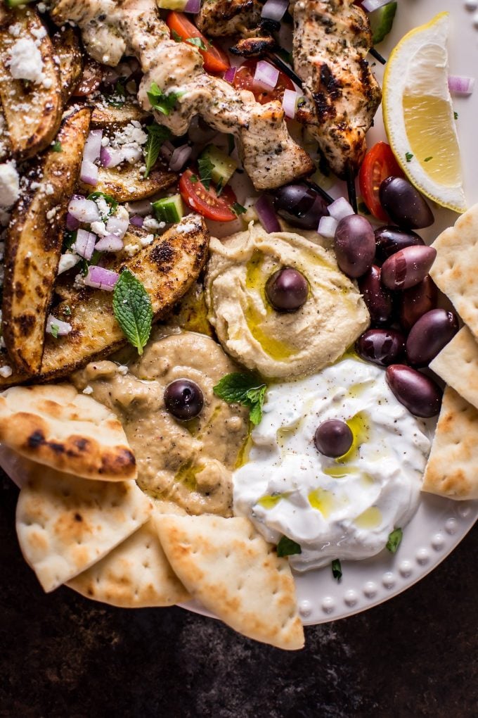 close-up of ultimate Greek chicken souvlaki platter