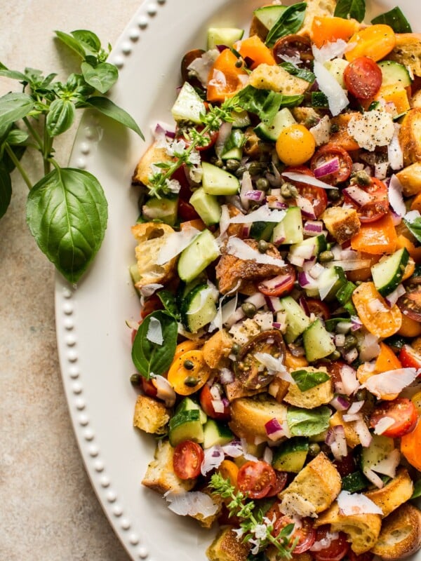 This panzanella salad recipe is a healthy and delicious traditional Italian vegetarian summer meal with a tangy vinaigrette dresing. Perfect for summer gatherings, parties, and BBQs. 