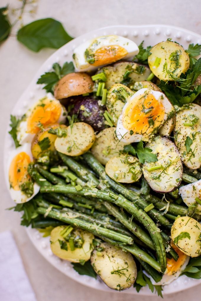 close-up of healthy vegetarian green bean, potato, and egg salad