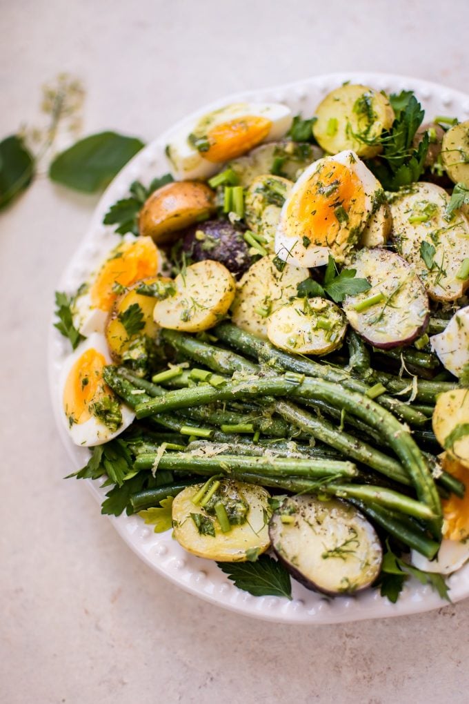 close-up of green bean and potato salad with eggs
