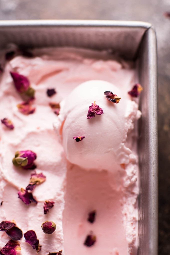 close-up of a scoop of homemade rose ice cream