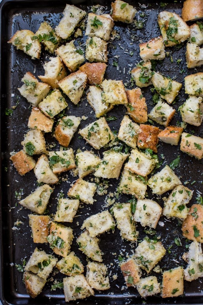 baking sheet with homemade parmesan croutons