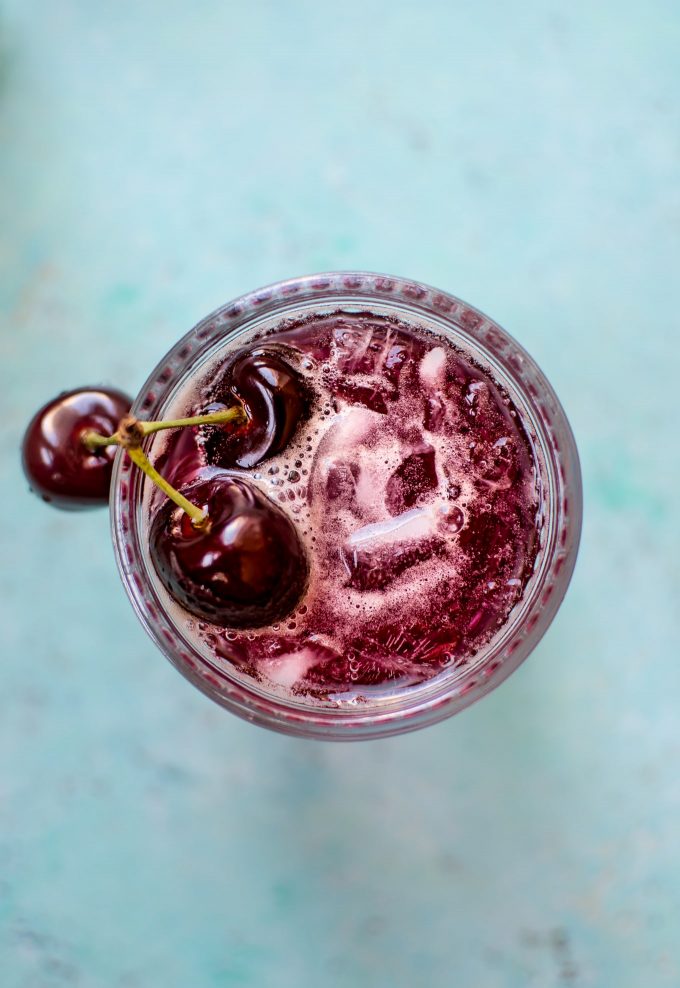 close-up of glass with cherry vanilla soda