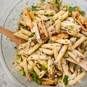 This healthy grilled chicken pasta salad is full of fresh summer flavors and smoky BBQ sauce! The creamy dressing is lightened up with Greek yogurt.