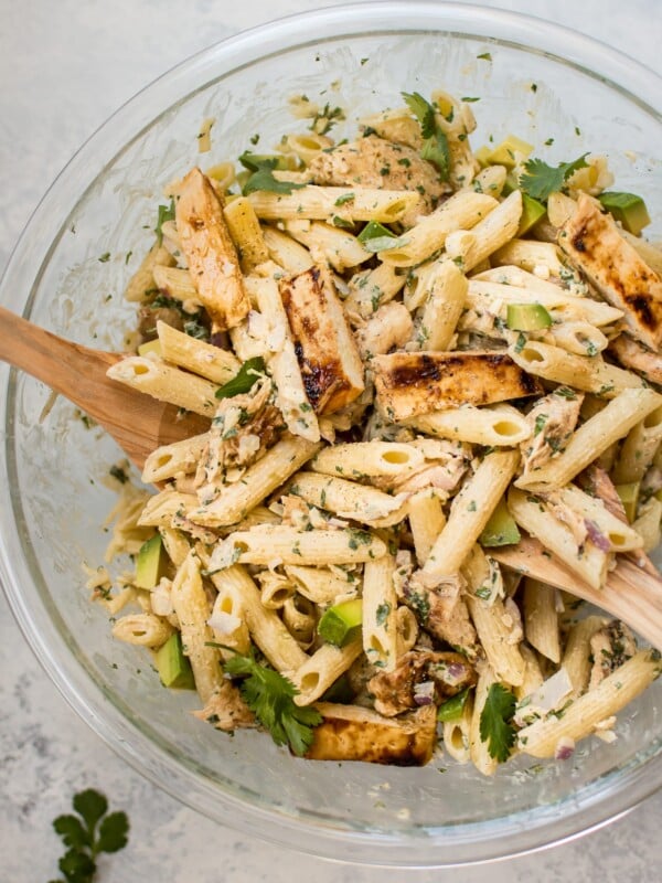 This healthy grilled chicken pasta salad is full of fresh summer flavors and smoky BBQ sauce! The creamy dressing is lightened up with Greek yogurt.