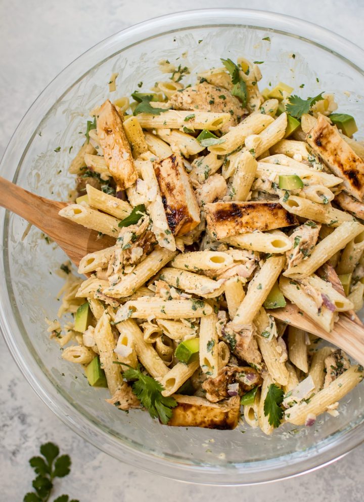 This healthy grilled chicken pasta salad is full of fresh summer flavors and smoky BBQ sauce! The creamy dressing is lightened up with Greek yogurt.