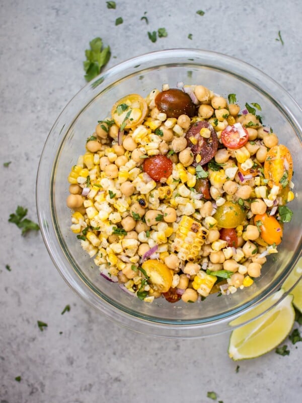 This summery grilled corn and chickpea salad makes a light and fresh side dish with only a handful of ingredients.