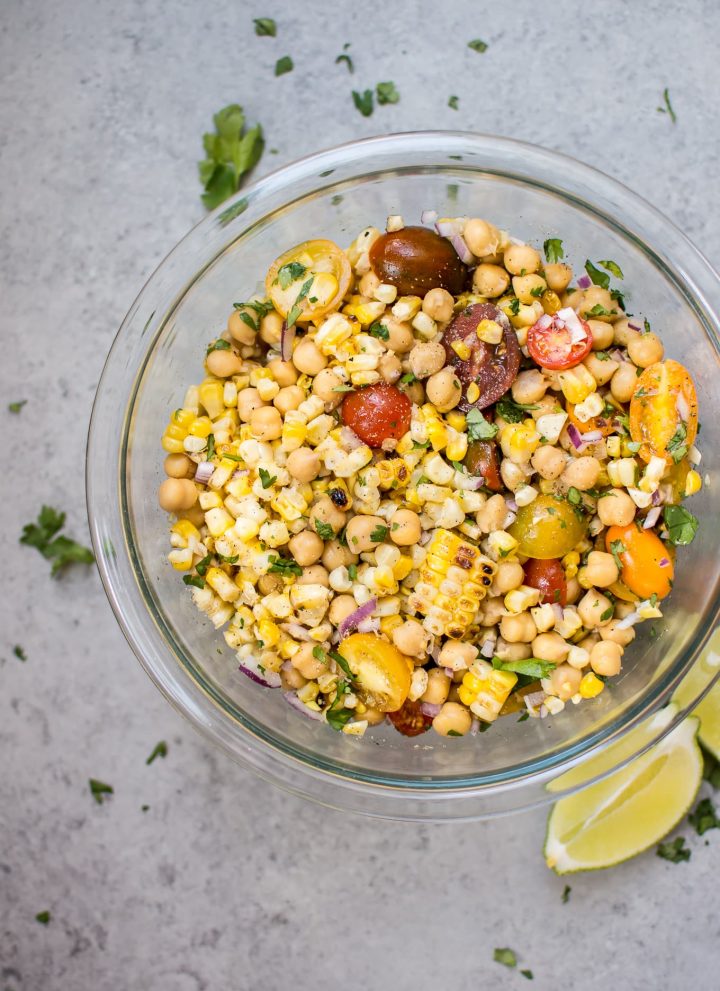 This summery grilled corn and chickpea salad makes a light and fresh side dish with only a handful of ingredients.