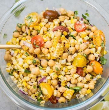 This summery grilled corn and chickpea salad makes a light and fresh side dish with only a handful of ingredients.