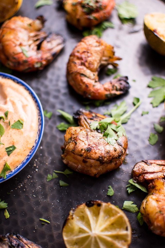 grilled garlic lemon shrimp with mayo dip