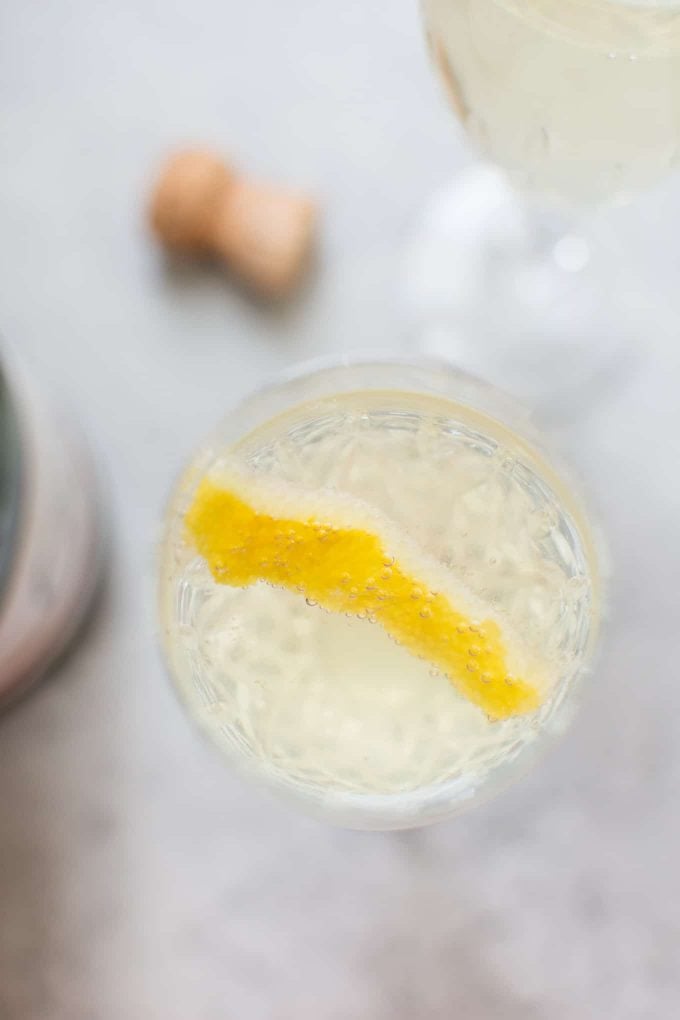 close-up of glass of easy lemon champagne cocktail