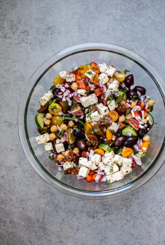 glass bowl with Greek chickpea salad