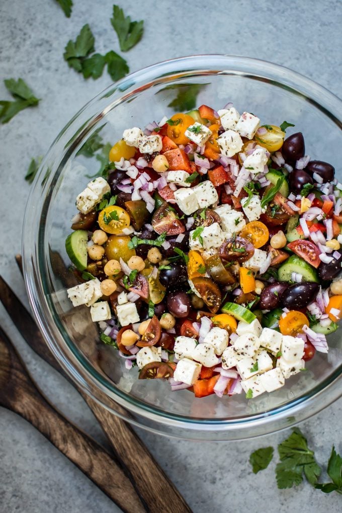 glass bowl with hearty Mediterranean chickpea salad