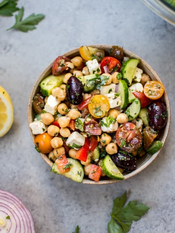 This Mediterranean chickpea salad has all the flavors of a classic Greek salad plus hearty chickpeas and fresh oregano and parsley for an extra pop of flavor. A wonderful light meal or side dish!