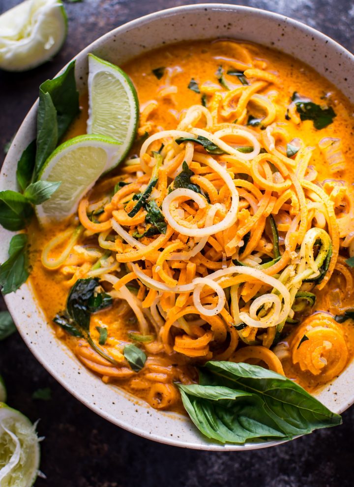 This vegan Thai lemongrass coconut curry soup is a light and fresh soup with spiralized sweet potato, zucchini, and celery root vegetable noodles.