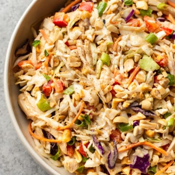close-up of Thai chicken salad in serving bowl