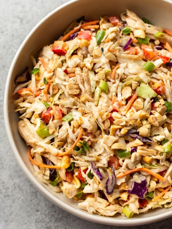 close-up of Thai chicken salad in serving bowl