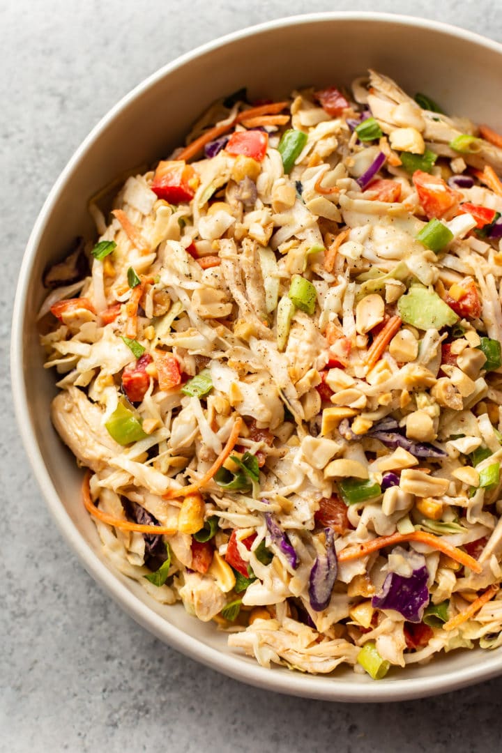 close-up of Thai chicken salad in serving bowl