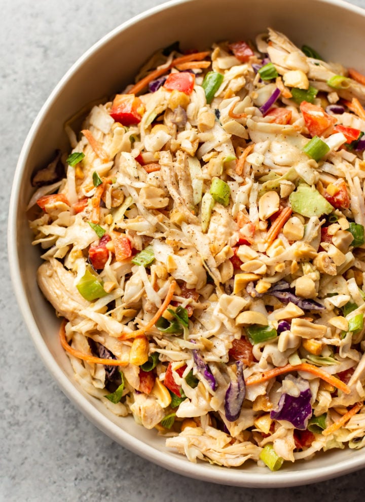 close-up of Thai chicken salad in serving bowl