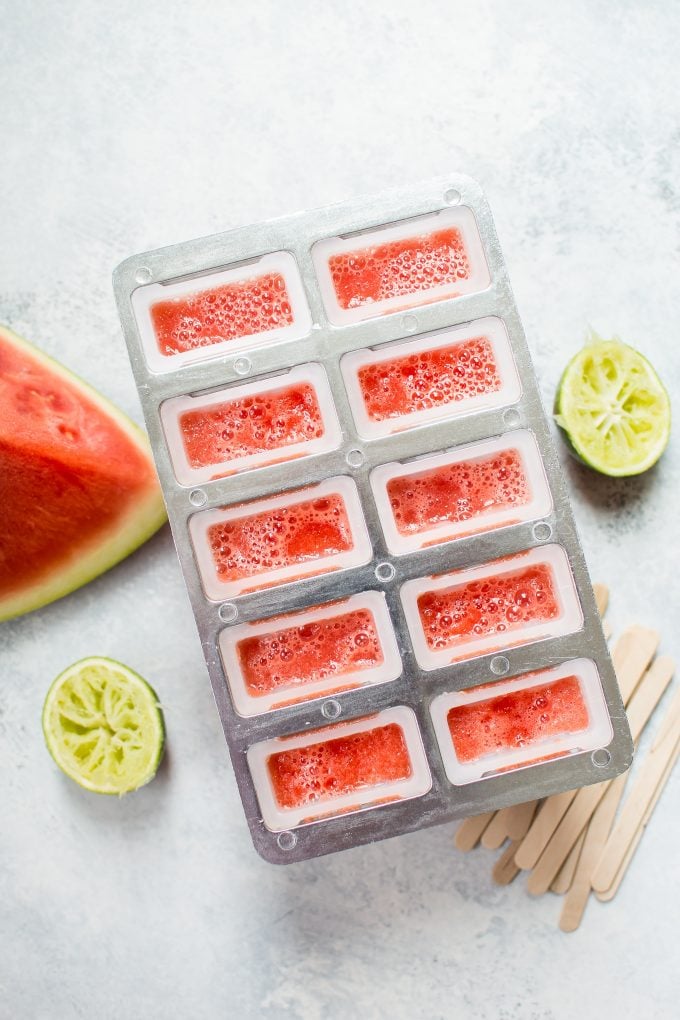 watermelon margarita popsicles in a tray