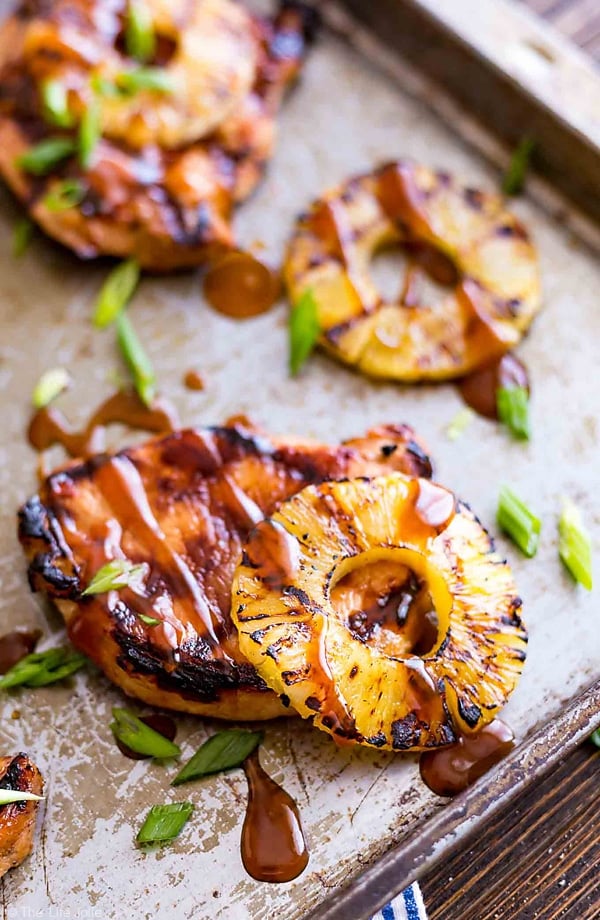 close-up of a hawaiian pork chop with grilled pineapple slice